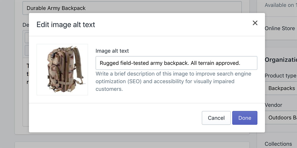 Editing the alt text for a Shopify Product.